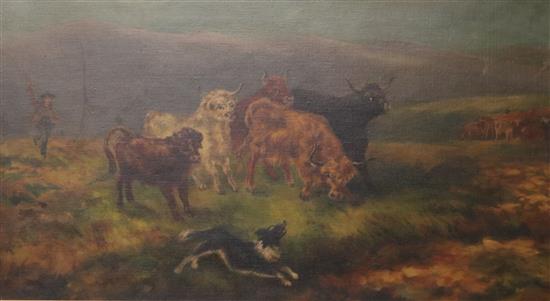 English School c.1900 Farmer driving Highland cattle 20 x 36in.